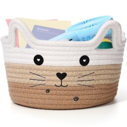 Zopeal Cat Basket Storage Woven Organizer with Ears Easter Decorative Gift Pet Toy Cute Cotton Rope Basket for Gift Cat Dog Toy Bin Nursery Room(8.3 x 4.7 Inch,White Khaki Brown)