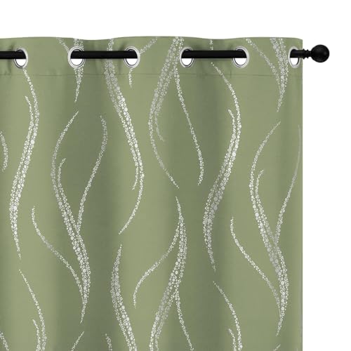Yakamok Light Blocking Curtains 72 Inches- Silver Wave Line Dots Print Grommet Drapes, Room Darkening Curtain, Window Panels for Living Room/Bedroom (62W x 72L Inch, Set of 2, Sage)