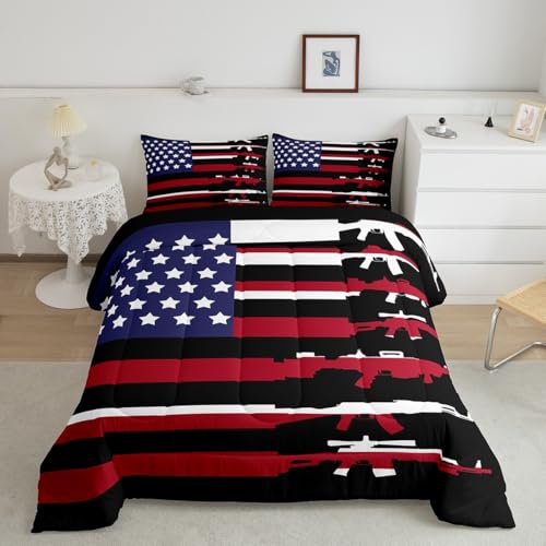 American Flag Comforter Set Full,Army Guns Military Bedding Set For Kids Boys Teens Man,Red Blue Stars Stripe Usa Flag Bedding Comforter Soldier Rifle Quilt Duvet Set 2 Pillow Cases Bedroom Decor
