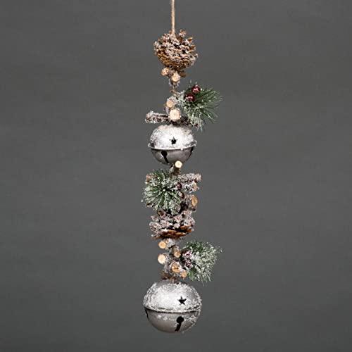 50cm Garland with Silver Jingle Bells Wooden Sticks, Berries and Pinecones Christmas Home Wall Door Hanger Sleigh Bells Xmas Holiday Hanging Decorations