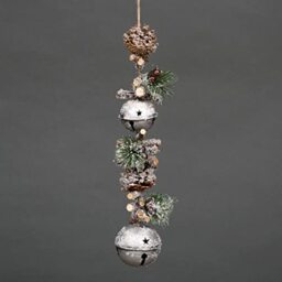 50cm Garland with Silver Jingle Bells Wooden Sticks, Berries and Pinecones Christmas Home Wall Door Hanger Sleigh Bells Xmas Holiday Hanging Decorations
