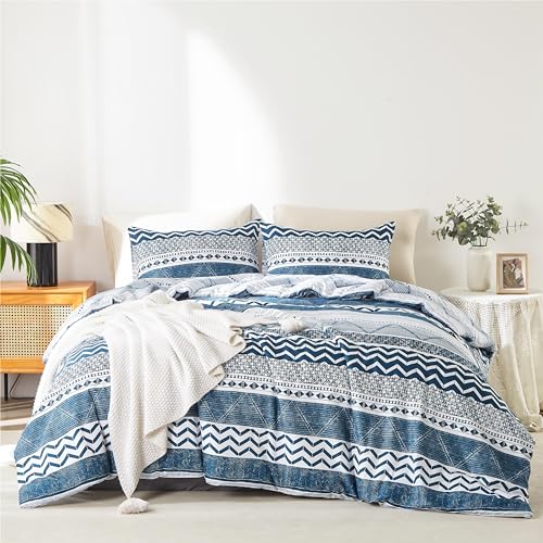 BOLINLIVING King Size Comforter Set, Boho Stripe Comforter Set 3 Pieces, Bed in a Bag King Soft Bohomian Bedding Lightweight Breathable for All Seasons (Blue 104??90 inch)