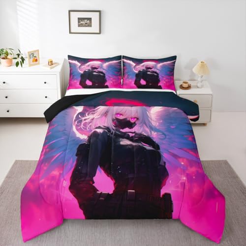 Erosebridal Twin Japanese Anime Comforter Set Anime Girl Bedding Set for Kids Girls Teens Men Bedroom, Cartoon Manga Girl Quilt Kawaii Japanese Animation Duvet Insert 2 Piece with 1 Pillow Case