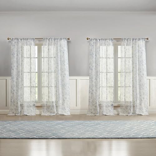 Laura Ashley Barnette Window Curtains with Rod Pocket, 96-inch Length, 4 Panels Set, Semi-Sheer Light Filtering, Blue