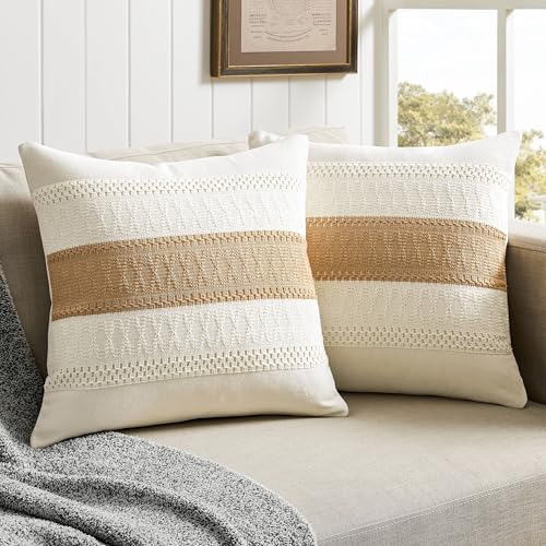 ZeeMart 2 Pack Boho Throw Pillow Covers, Contrast Brown 16x16in - Soft Breathable Cotton, Farmhouse Decorative Couch Pillow Cases, Cushion Covers for Sofa Bed Living Room Home Decor