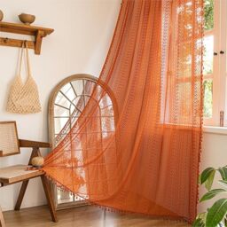 "Sutuo Home Burnt Orange Boho Curtains 90 inches Long for Bedroom Living Room, Terracotta Crochet Lace Sheer Bohemian Knitted with Fringes,Window Treatment Drapes, Rod Pocket 1 Panel 59"" W x 90"" L"
