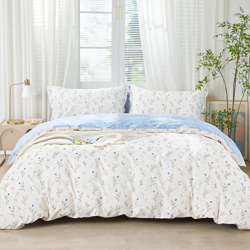 "SAPHREAS 2pcs Twin Size Botanical White Duvet Cover Set Blue Floral Bedding Comforter Cover Set 100% Cotton 1 Duvet Cover 68""x90"" 1 Pillow Sham, Comforter Not Included"