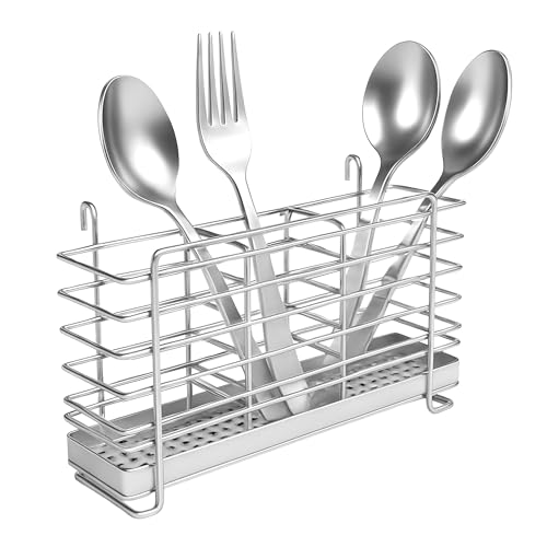 KESOL Sturdy 304 Stainless Steel Utensil Drying Rack Basket Holder with Hooks 3 Divided Compartments, Rust Proof, No Drilling