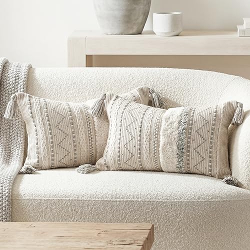 BlissBlush Decorative Lumbar Throw Pillow Covers 12x20 Combo Set of 2 Gray Rectangular Boho Accent Pillowcase Neutral Grey Farmhouse Cushion for Couch Sofa Bedroom Living Home D??cor Cover ONLY