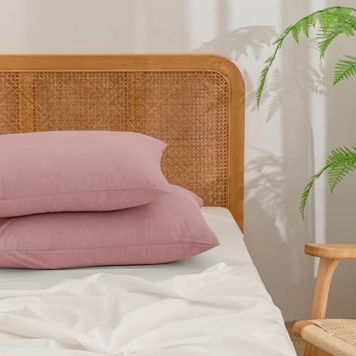 BESTOUCH Washed Cotton Pillowcases Linen Feel Red Pink Standard - 100% Washed Cotton, Linen Feel, Soft Wrinkle Texture, Envelope Closure, Breathable Lightweight Durable Comfy, 2 Pcs No Insert