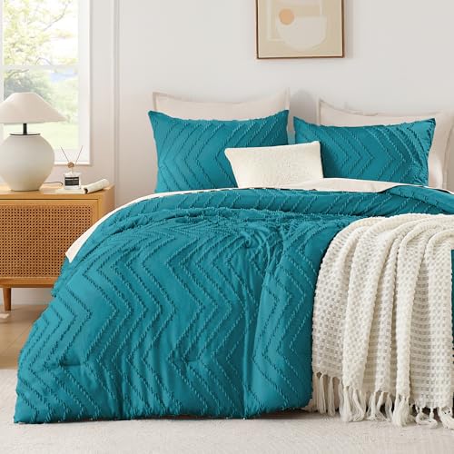 Andency Turquoise Comforter Set King Size, 3 Pieces Soft Bedding Set - Boho Warm Comforter Sets for King Size Bed, Aesthetic Chevron Farmhouse Cute Bohemian Textured Lightweight Bedding Set