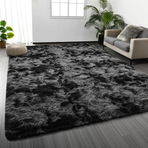 Deerhoo Large Shag Area Rugs 8 x 10, Tie-Dyed Plush Fuzzy Rugs for Living Room, Bedroom & Nursery, Dark Grey