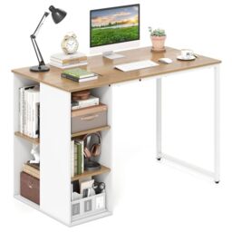 CASART Computer Desk, Home Office PC Desk with Storage Shelves, Modern Computer Writing Workstation for Study Office Bedroom (Natural + White)