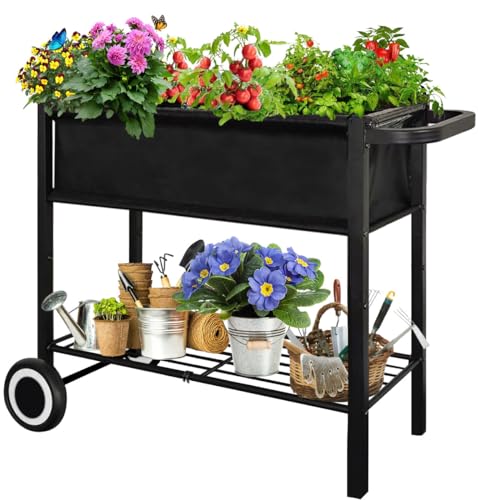 Fiwithy Raised Garden Bed with Legs for Outdoor Plants, Standing Elevated Planter Box Cart on Wheels for Vegetables Flower Herb Patio, Black