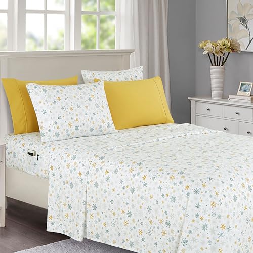 Elegant Comfort Luxury Soft Bed Sheets Holiday Pattern 1500 Premium Hotel Quality Microfiber - Softness Wrinkle and Fade Resistant (6-Piece) Bedding Set, Cal King, Gold Snowflake