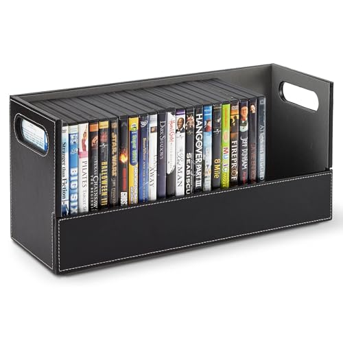 Stock Your Home DVD Storage Box, Movie Shelf Organizer for Blu-Ray, Video Game Cases, CDs, VHS Tape Display Stand, Disc Holder Can Store Up to 28 DVDs, Faux Leather (Black)