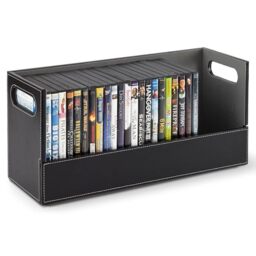 Stock Your Home DVD Storage Box, Movie Shelf Organizer for Blu-Ray, Video Game Cases, CDs, VHS Tape Display Stand, Disc Holder Can Store Up to 28 DVDs, Faux Leather (Black)