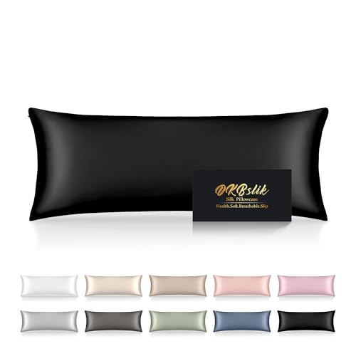 Silk Body Pillow Pillowcase, Mulberry Silk Body Pillow Cases with Zipper, Smooth, Anti Acne, Cooling Sleep Both Sides Natural Silk Satin 20x54 Body Pillowcase, Gifts for Women Men, Black