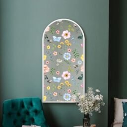 "MirrorOutlet The Typis - White Metal Frame Edged Modern Round Arch Edge Wall Mirror With Colour Flower Printed Decal 47"" x 24"" (120CM X 60CM) Silver Mirror Glass with White Frame"