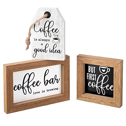 Jetec 3 Pcs Coffee Bar Decor Sign But First Mini Wodden Coffee Sign Wall - Coffee Bar Tabletop Shelf Accessories, Rustic Wooden Art Plaque, Mini Tier Tray Decor, for Home Office Kitchen, Lover Gifts