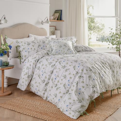 furn. Wylder Meadow Duvet Cover Set – 100% Tumbled Cotton Floral Bedding with Bow Closures (White/Cornflower - King)
