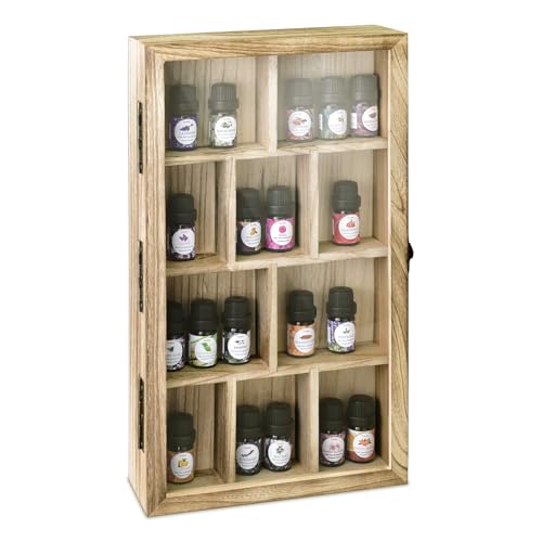 Ikee Design Wooden Collection Display Case with Hinged and Clear Tempered Glass Top, Wall Mounted 10 Slots Wood Display Storage Box for Mini Figures, Collections, Essential Oils, Oak Color