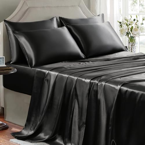 GOLAL Satin Sheets King Size - 6 Pieces Luxury Silky Soft Bed Sheets, Wrinkle-Free Black Satin Silk Sheet Set with 1 Deep Pocket Fitted Sheet, 1 Flat Sheet, 4 Pillow Cases