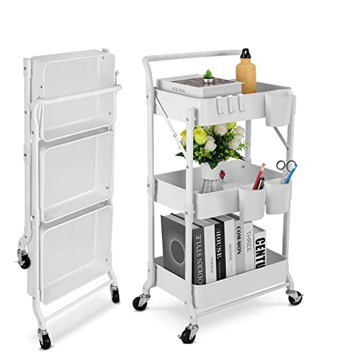 johgee Foldable 3 Tier Metal Utility Rolling Cart, Folding Mobile Multi-Function Storage Trolley Organizer Cart for Home Library Office(Foldable-White)