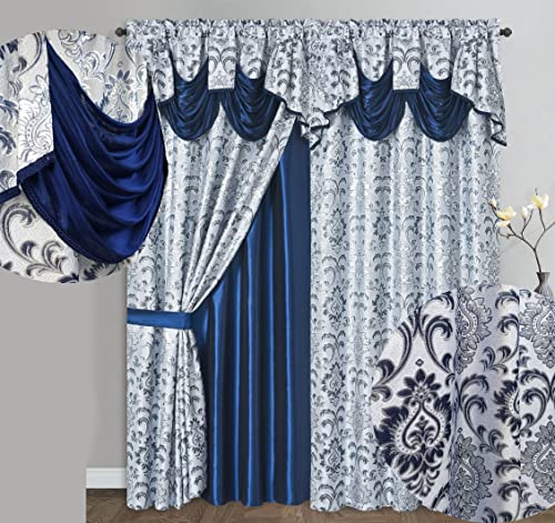 "GOHD Samba Star. Jacquard Window Curtain Panel Drape with Attached Fancy Valance and Taffeta Backing. 2pcs Set. Each pc 54"" Wide x 90"" Drop with 18"" Valance. (Navy Blue)"