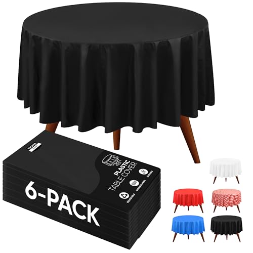 Utopia Kitchen Plastic Table Cloth Disposable (6 Pack - 84 Inch) Black Round Tablecloth Waterproof Stain Resistant Party Table Cover