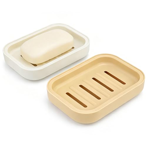 2PCS Soap Dish, Soap Dish for Shower, Double Soap Dish with Drainage, Anti-Slip and PortableSoap Holder for Bathroom, Kitchen Sponges, Keep Soap Dry and Clean(White & Khaki)