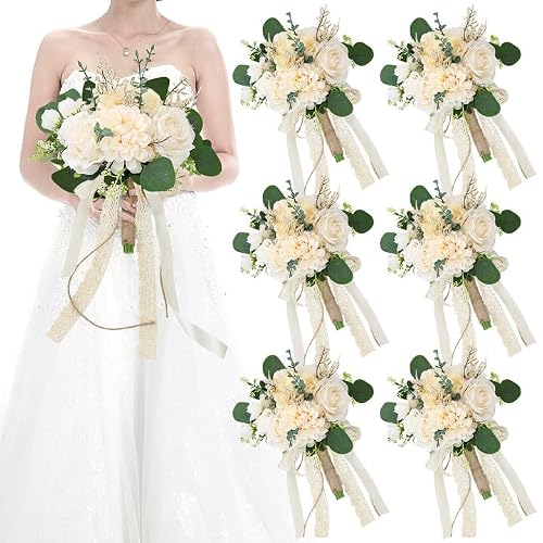 HOMENERGY Set of 6 Bridesmaid Bouquets for Wedding, 9 Inch Boho Bridesmaid Flowers for Ceremony Anniversary Centerpieces Decorations, Artificial Rose Bouquets Romantic - Beige