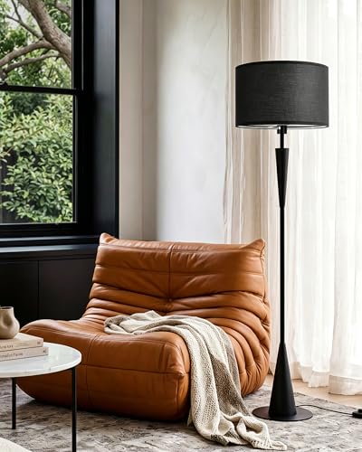 Modern Floor Lamps for Living Room, Standing Lamp with 9W 3 Colour Temperature Bulb, Black Floor Lamp with Foot Switch, Wooden Floor Lamp with Black Fabric Shade for Bedroom, Lounge & Reading Corner