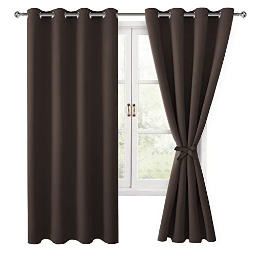 Hiasan Blackout Curtains for Bedroom, 52 x 63 Inches Length - Thermal Insulated & Light Blocking Window Curtains for Living Room/Kids Room, 2 Drape Panels Sewn with Tiebacks, Brown