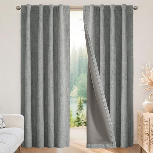 Joydeco 100% Blackout Curtains 90 inches Long Natural Linen Drapes 1 Panels Set Burg for Bedroom Living Room Black Out Darkening Curtain Thermal Insulated Back tab Rod Pocket(70x90 inch,Light Grey)
