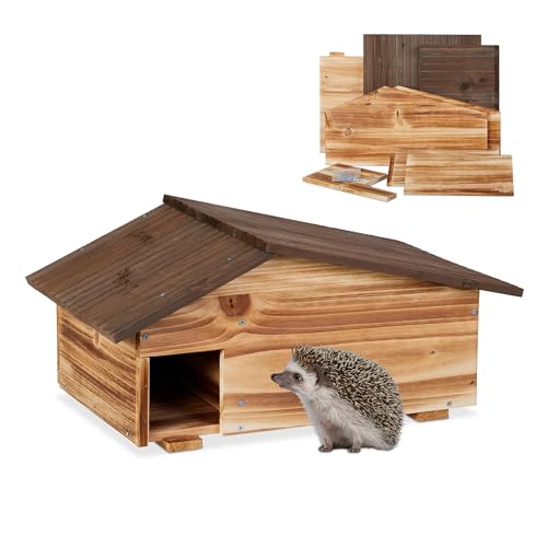 Relaxdays Hedgehog House, Wooden Protective Box, 2 Rooms, Hibernation Den, Winter Shelter, 24 x 46 x 33.5 cm, Brown