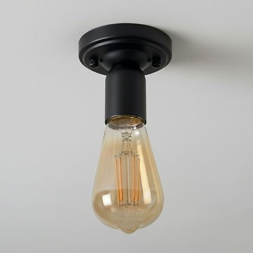 LEDSone Industrial Metal-Semi Flush Mount E27 Base Lamp Holder Black Ceiling Light Fixture for Living Room Bedroom Kitchen Dining Room