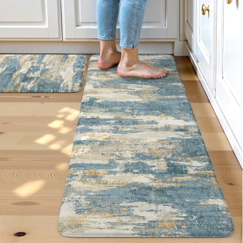 Collive Anti Fatigue Mats for Kitchen Floor, Bule Kitchen Rugs Sets of 2 - Abstract Kitchen Mats Cushioned Anti Fatigue, Non Slip Waterproof Kitchens Sink Rug, Blue Modern Standing Mat for Office