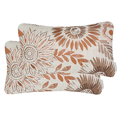 Mika Home Pack of 2 Decorative Oblong Rectangular Throw Pillow Cover Cushion Cases for Chair,Sunflower Pattern,12x20 Inches, Brown Cream