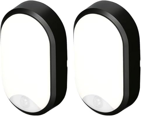 4lite Pylus Outdoor Oval Wall Light (Black) 1100lm Motion Sensor Bulkhead IP54 LED Integrated Exterior Light - 4L2/3216/PIR - 4Yr Guarantee (Pack of 2)