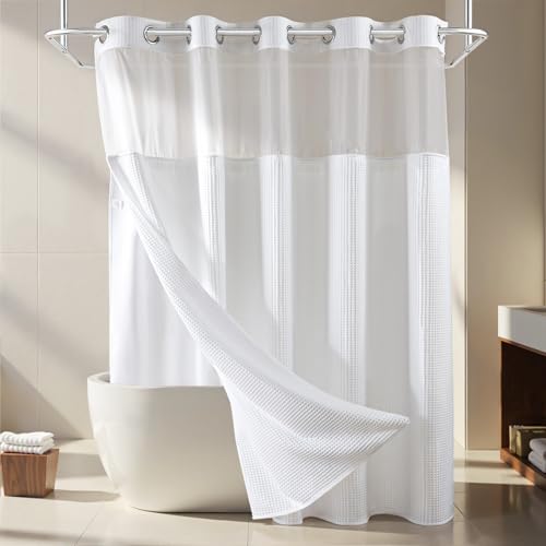 River Dream White Fabric Shower Curtain Set, Cotton Blend, Waffle Weave, with Snap in Replacement Liner，71 x 86 inches