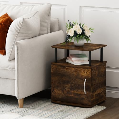 Furinno JAYA 2-Tier Side Table, Rustic Brown Closed Storage End Table, Night Stand, Bedside Table for Living Room, Bedroom, Home Office, Amber Oak/Black