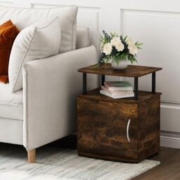 Furinno JAYA 2-Tier Side Table, Rustic Brown Closed Storage End Table, Night Stand, Bedside Table for Living Room, Bedroom, Home Office, Amber Oak/Black