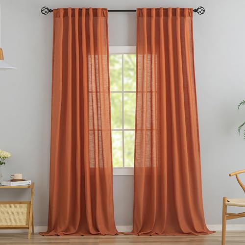 DONREN Burnt Orange Back Tab Curtains 100 Inches Long 2 Panels for High Windows -Rustic Hooks Belt Pinch Pleated Look Easy Sliding Curtains Light Filtering Semi Privacy Drapres W52 x L100