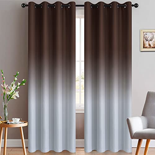 Yakamok 84 Inch Long Brown and Greyish White Light Blocking Window Drapes,Room Darkening Gradient Color Ombre Curtains with Grommets for Bedroom, 52x84 Inch, 2 Panels