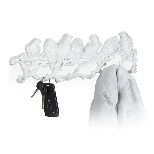 Relaxdays Wall-Mounted Coat Rack, Birds Design, Cast Iron, 6 Hooks, Unusual Look, Key Hanger, 13 x 36.5 x 4.5 cm, White