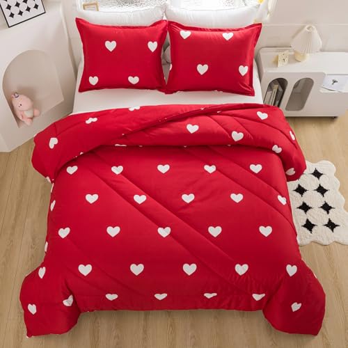 Caressma Love Comforter Set King Size - Cute White Heart Print Red Bedding Comforter 3 Pieces Matching Pillowshams
