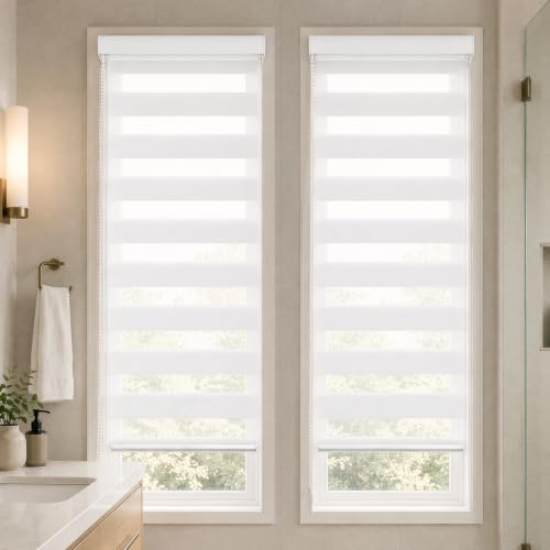VOUNOT® Set of 2 Day and Night Blinds No Drill, Zebra Roller Blinds for Windows, Double Layer Translucent and Blackout Fabric, Easy Installation Window Shades, White, 45 x 150 cm