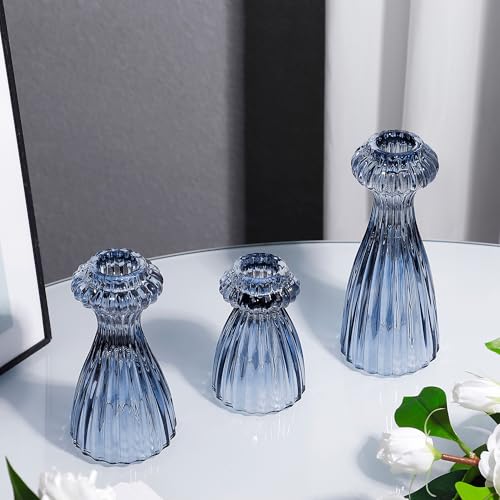 Lysenn Glass Candle Stick Holder Set of 3 ??? Premium Taper Candle Holders for Romantic Ambiance - Candle Sticks Holder Decor for Special Occasions - Dark Blue