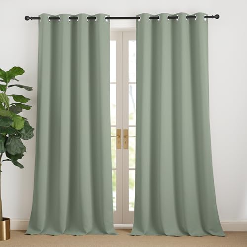 NICETOWN Thermal Curtains Against Cold and Heat Sage Green Curtain Blackout Curtain Children's Room Curtains 240 cm Long Curtains Living Room Modern Eyelet Curtain Set of 2 Sage Green H 240 x W 140 cm